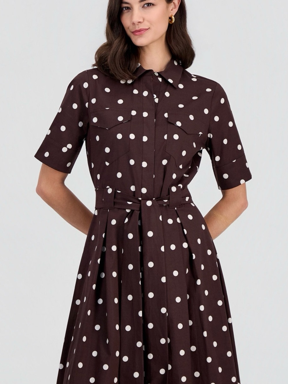 T Tahari Chocolate Brown and White Polka Dot Midi Shirt Dress NEW W TAGS